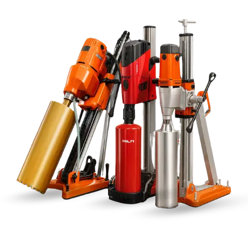 Conjunto de perfuratrizes diamantadas Hilti e Husqvarna para locação na LocaFácil Equipamentos